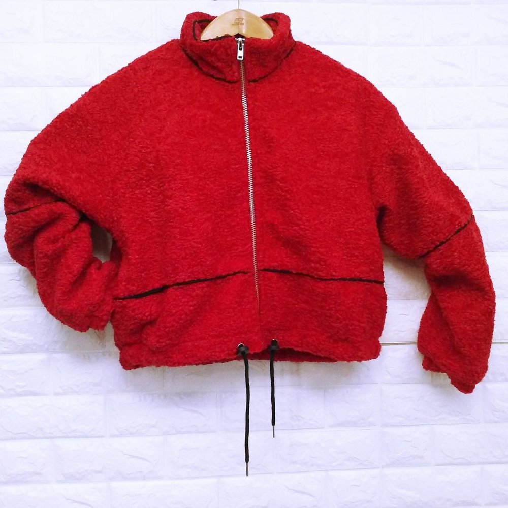 Y2K Cropped Bomber Jacket Pockets Faux-Fur Red